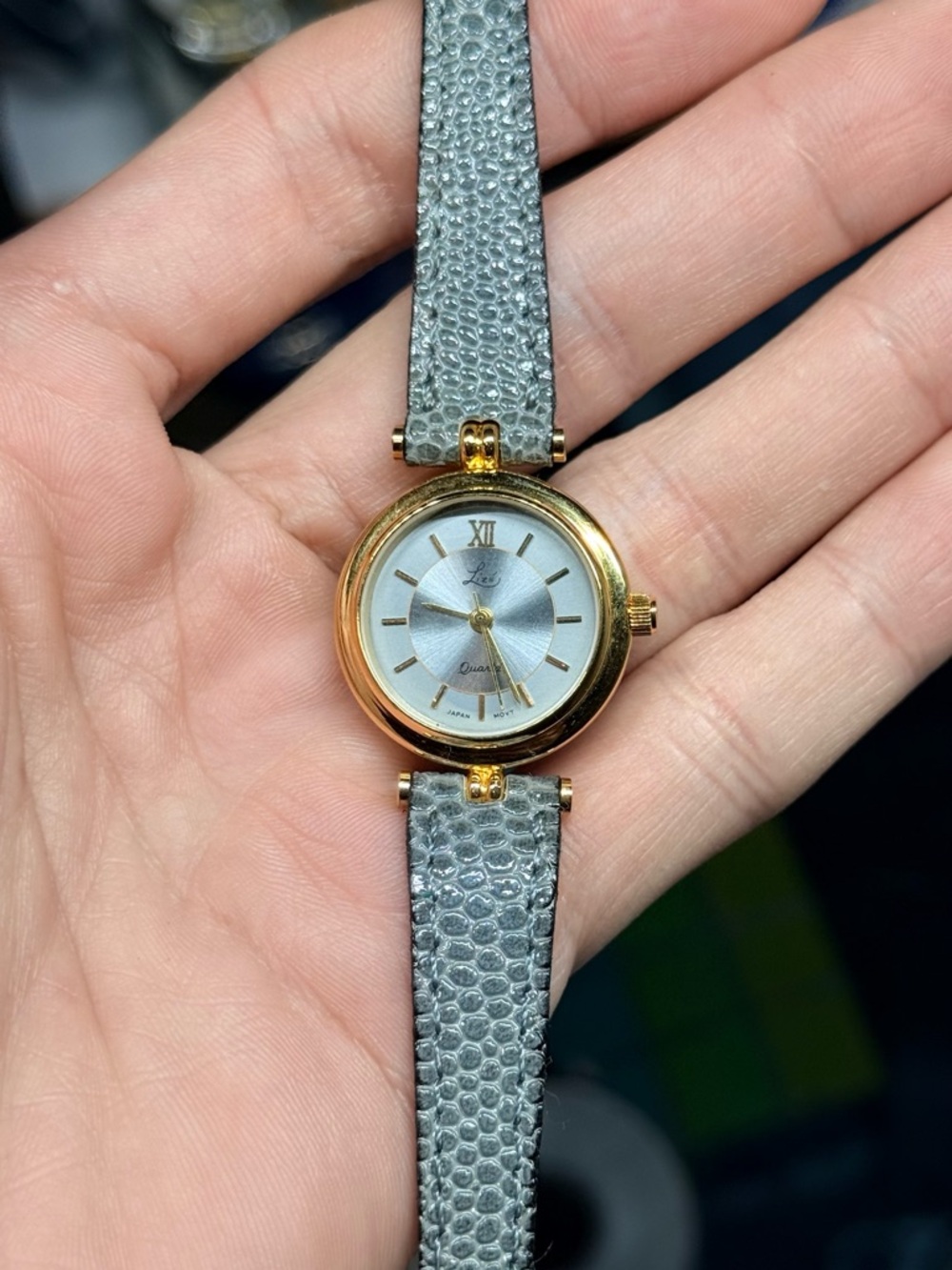 Gold-Tone Ladies Quartz Watch with Silver Dial & Textured Gray Strap